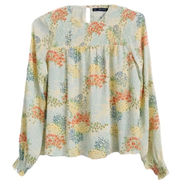 ZARA • Floral Peasant Blouse Smocked Top - Picture 1 of 6